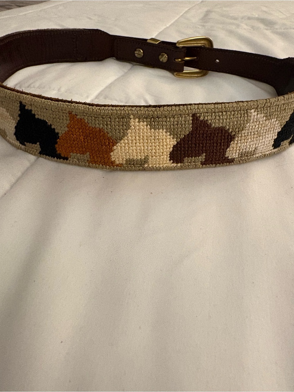 Vintage Needlepoint Horse Belt Brown Leather Equestrian 35”